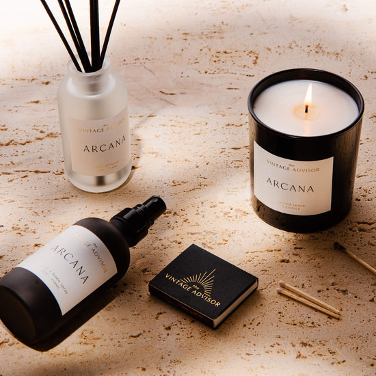 Arcana candle, reed diffuser, room spray with Notes: mandarin, pink pepper, jasmine, amber, labdanum