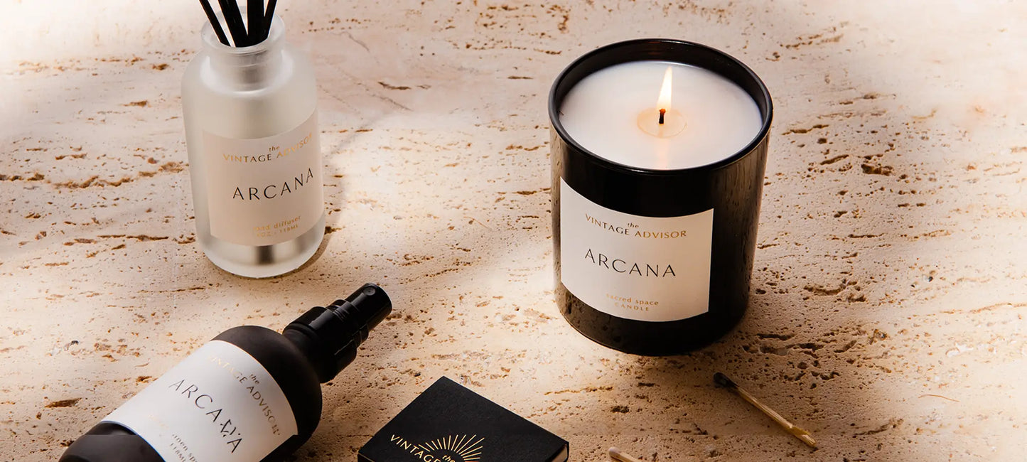 Arcana luxury home fragrance trio - lit candle, reed diffuser, room spray