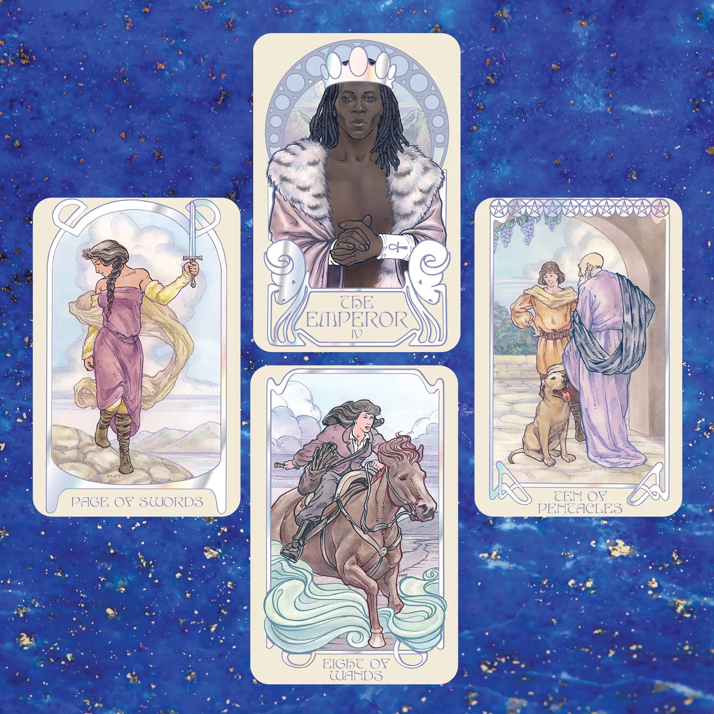 Ethereal Visions Tarot Luna Edition card spread, The Emperor, Page of Swords, Eight of Wands, Ten of Pentacles