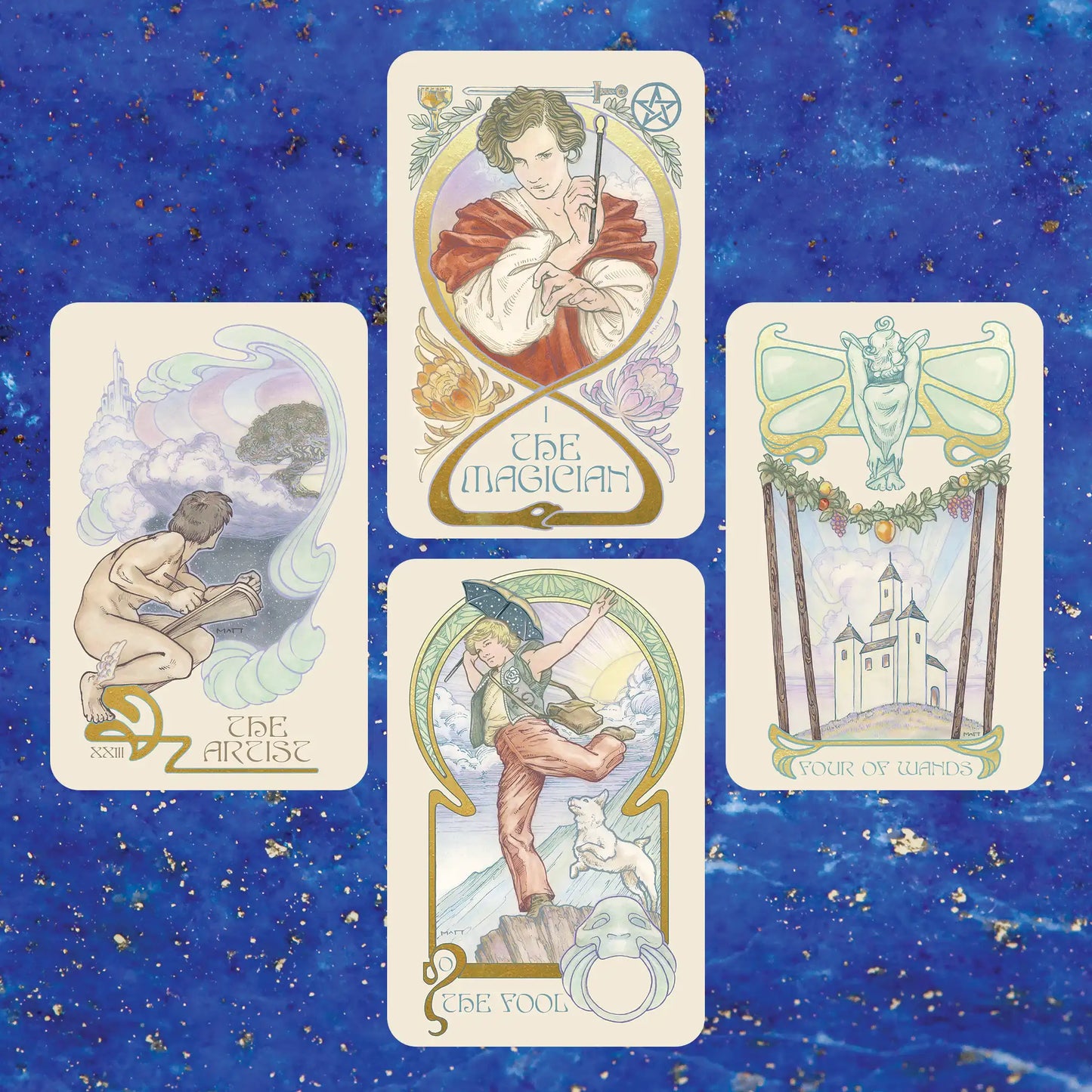 Ethereal Visions Tarot Reading Card Spread, The Magician, The Artist,  Four of Wands, The Fool