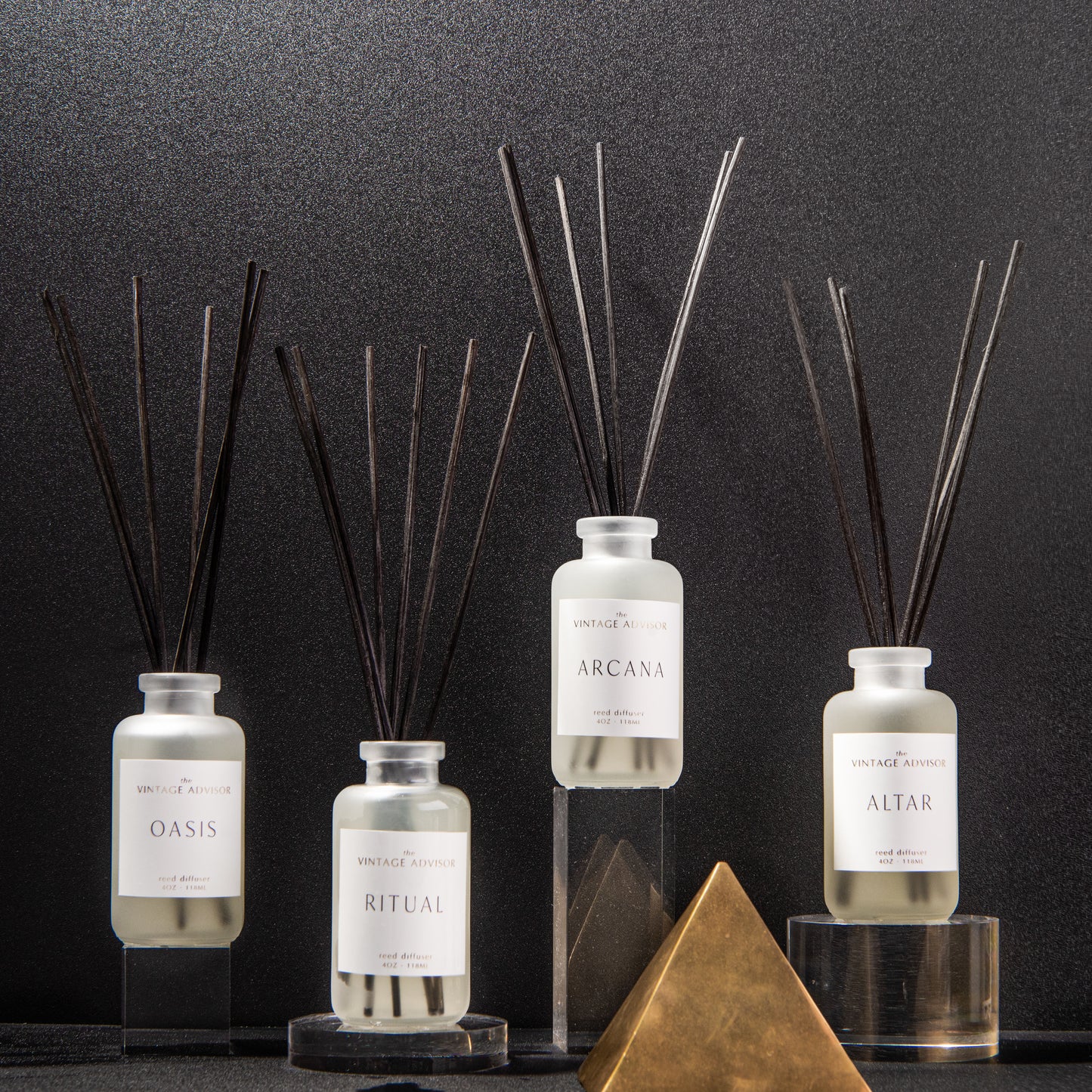 The sacred space collection reed diffusers offered in 4 scents - oasis, ritual, arcana, altar