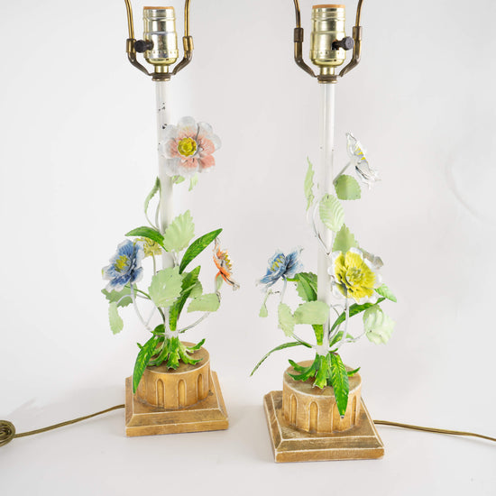 Load image into Gallery viewer, Vintage Floral Tole Metal Lamps - A Pair

