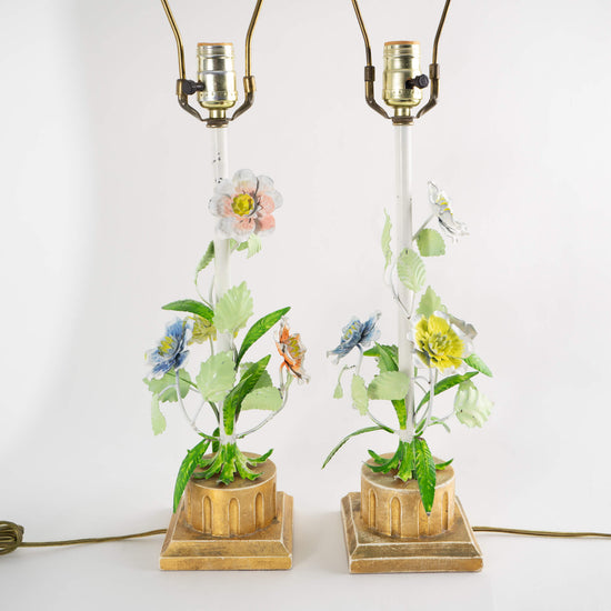 Vintage Floral Tole Metal Lamps - A Pair