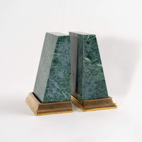 Vintage Heavy Green Marble and Brass Bookends - A Pair