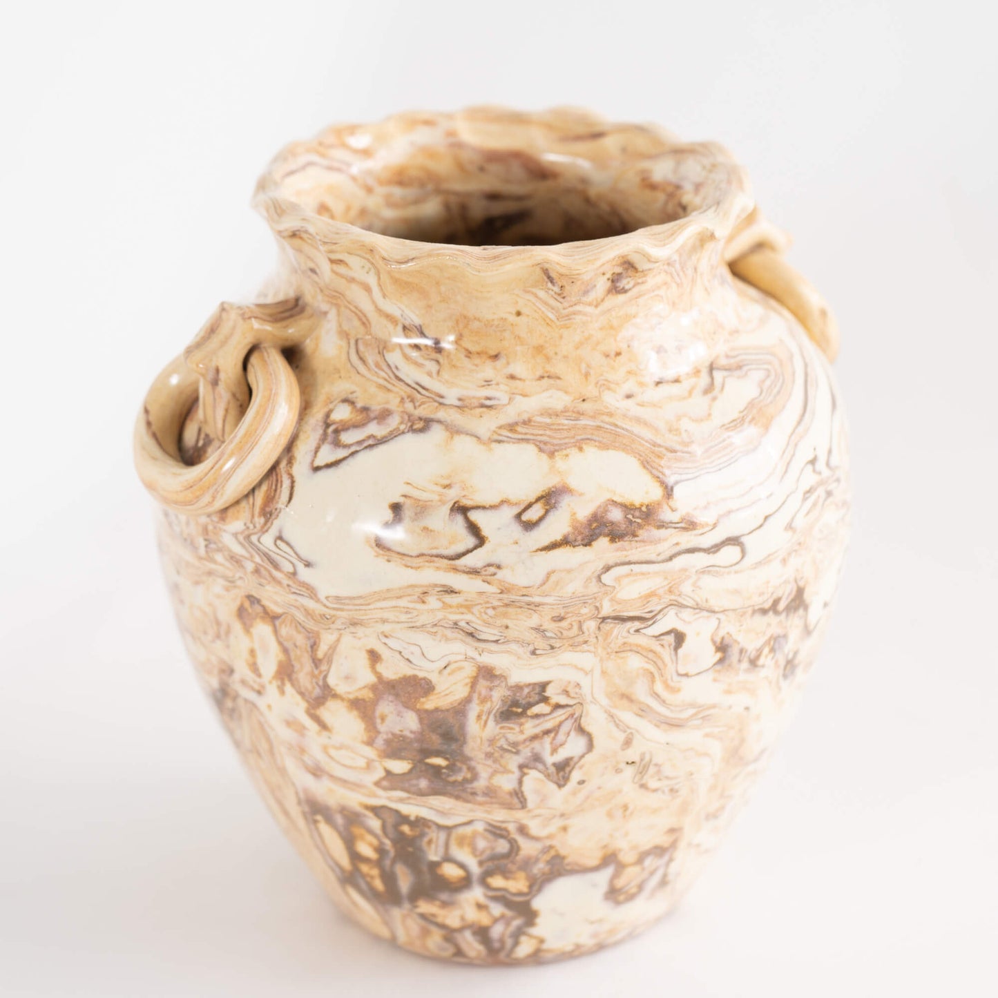 Load image into Gallery viewer, Vintage Beige and Off White Marbled Ceramic Vase with two handles
