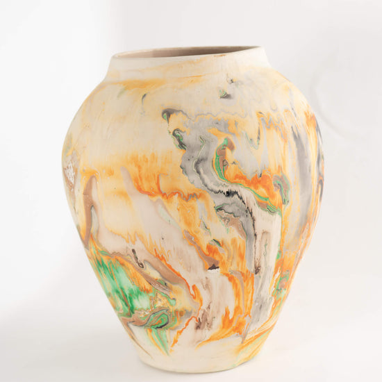 green and orange swirl roadside ceramic vase