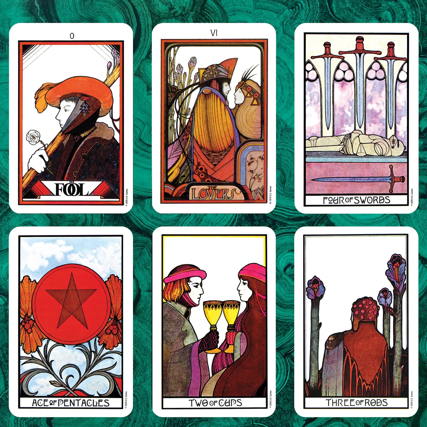 Aquarian Tarot by David Palladini tarot reading spread, The Fool, The Lovers, Four of Swords, Ace of Pentacles, Two of Cups, Three of Rods