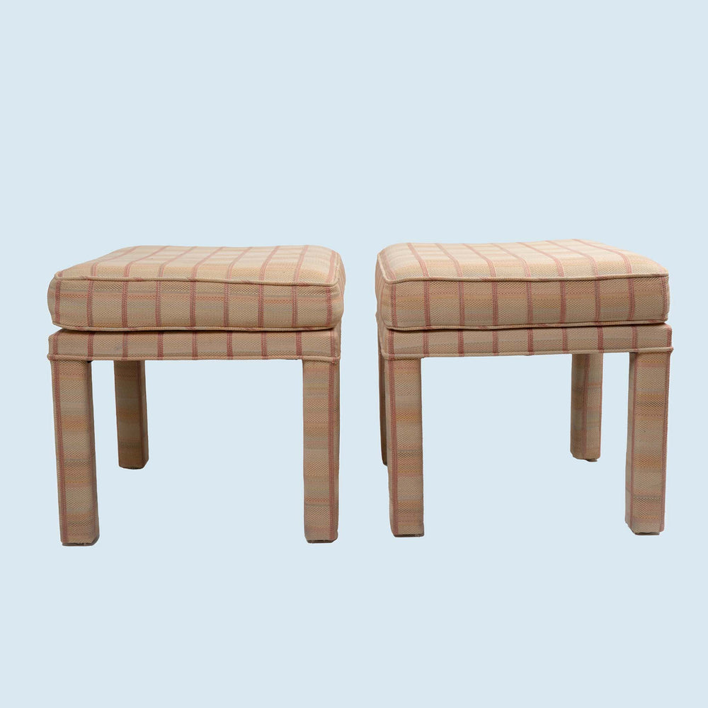 Vintage Mid-Century Parsons Stools - Blush Plaid Upholstery