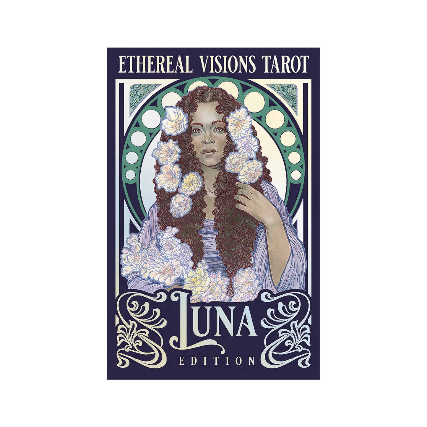 Ethereal Visions Tarot Luna Edition deck with Art Nouveau hand-drawn illustrations and silver foil stamping by Matt Hughes