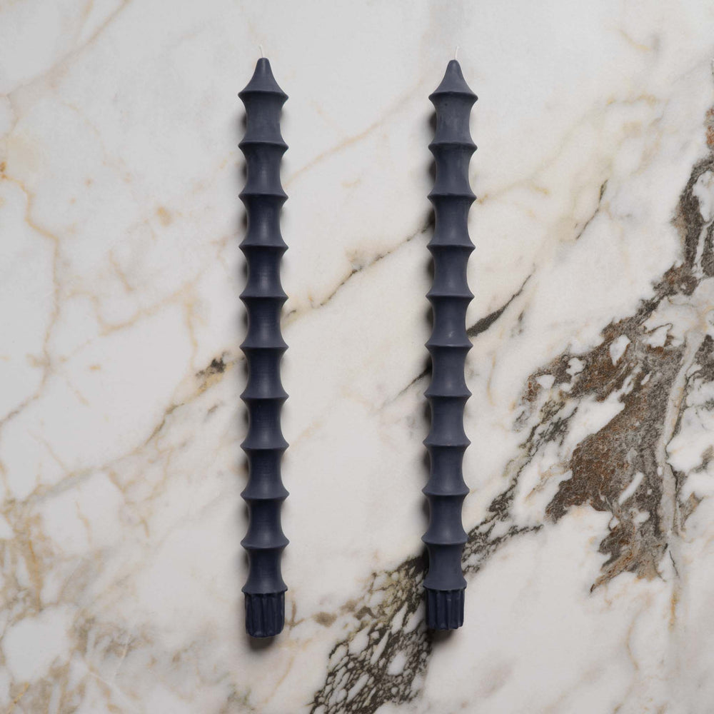 
                      
                        natural beeswax bamboo pagoda inspired taper candle pair in midnight black
                      
                    