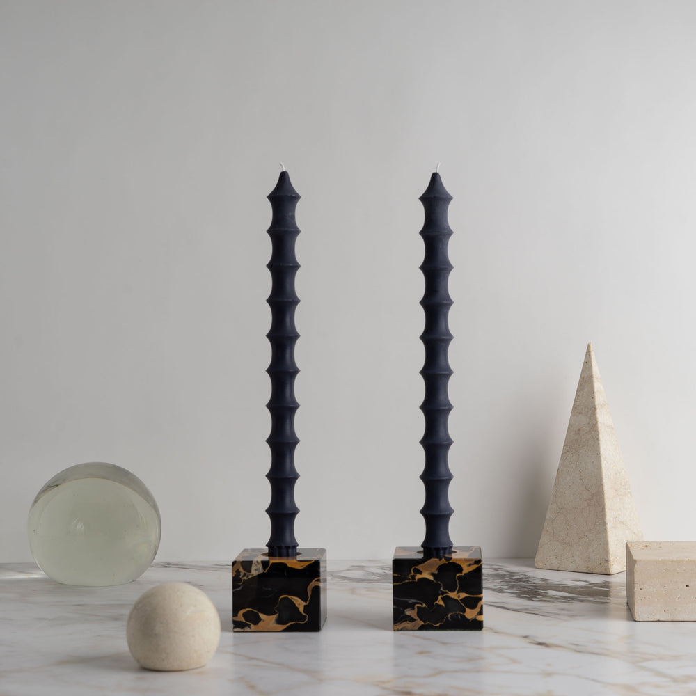 natural beeswax bamboo pagoda inspired taper candle pair in midnight black