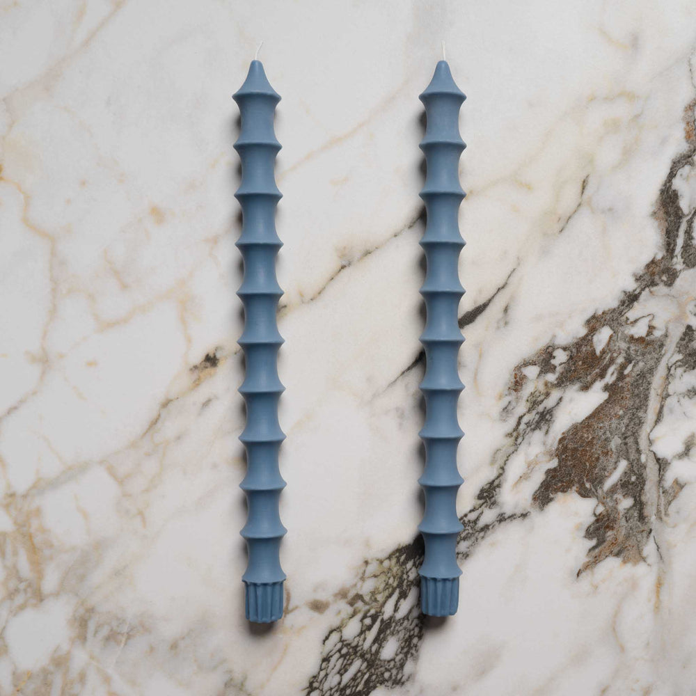 
                      
                        natural beeswax bamboo pagoda inspired taper candle pair in lucid blue
                      
                    