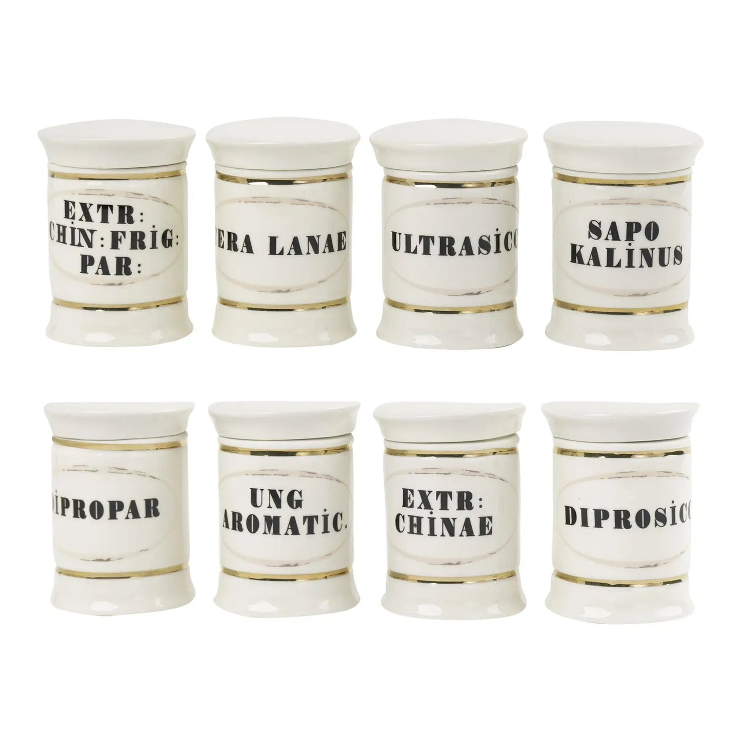 Set of 8 off-white ceramic apothecary jars with gold accents and vintage pharmaceutical-style lettering, each with matching lid