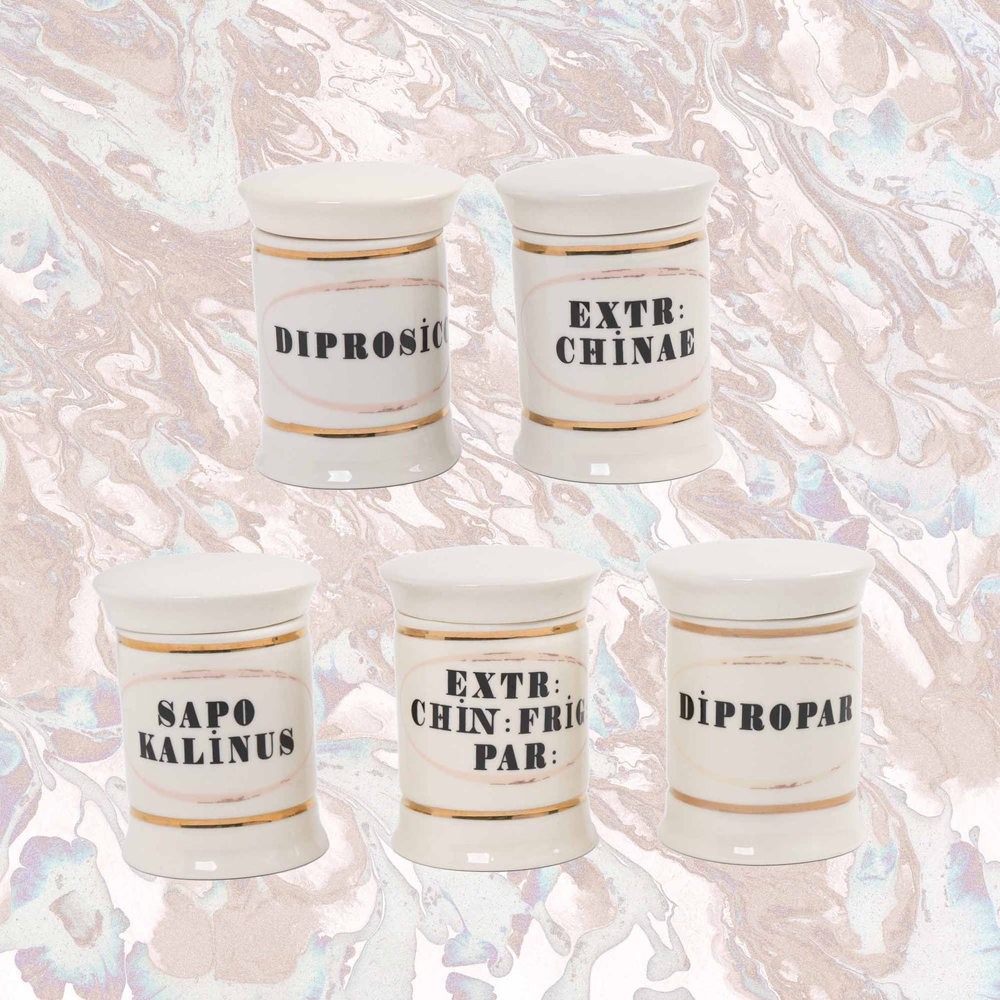 Set of 5 off-white ceramic apothecary jars with gold accents and vintage pharmaceutical-style lettering, each with matching lid