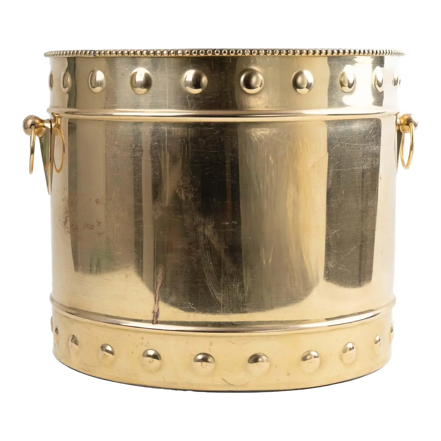 Vintage brass planter with braided rim, geometric handles and original patina 