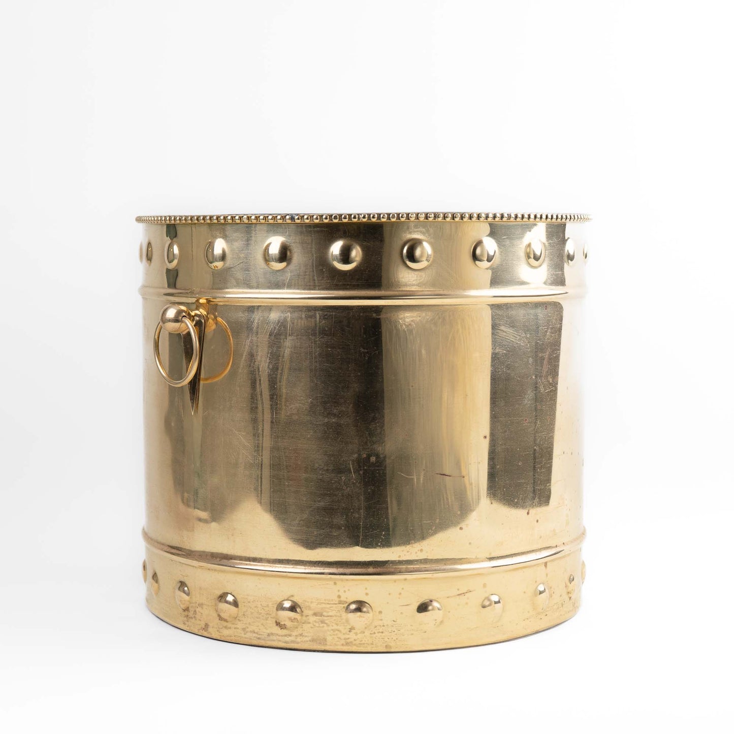 Vintage brass planter with braided rim, geometric handles and original patina 