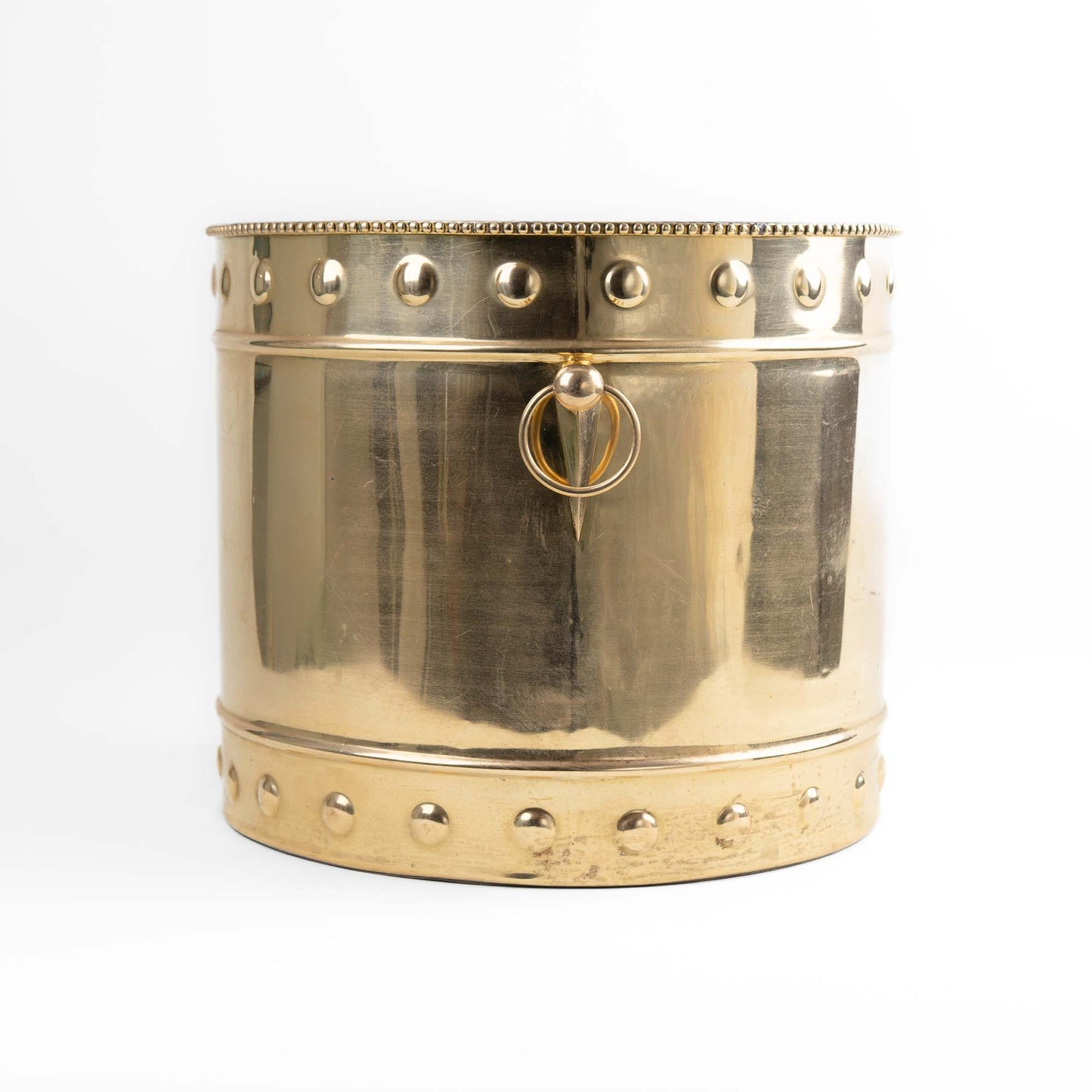 Vintage brass planter with braided rim, geometric handles and original patina 