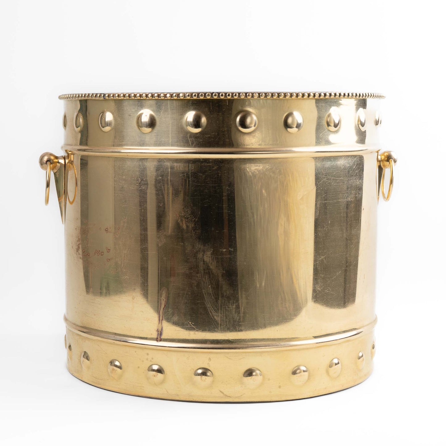 Vintage brass planter with braided rim, geometric handles and original patina 
