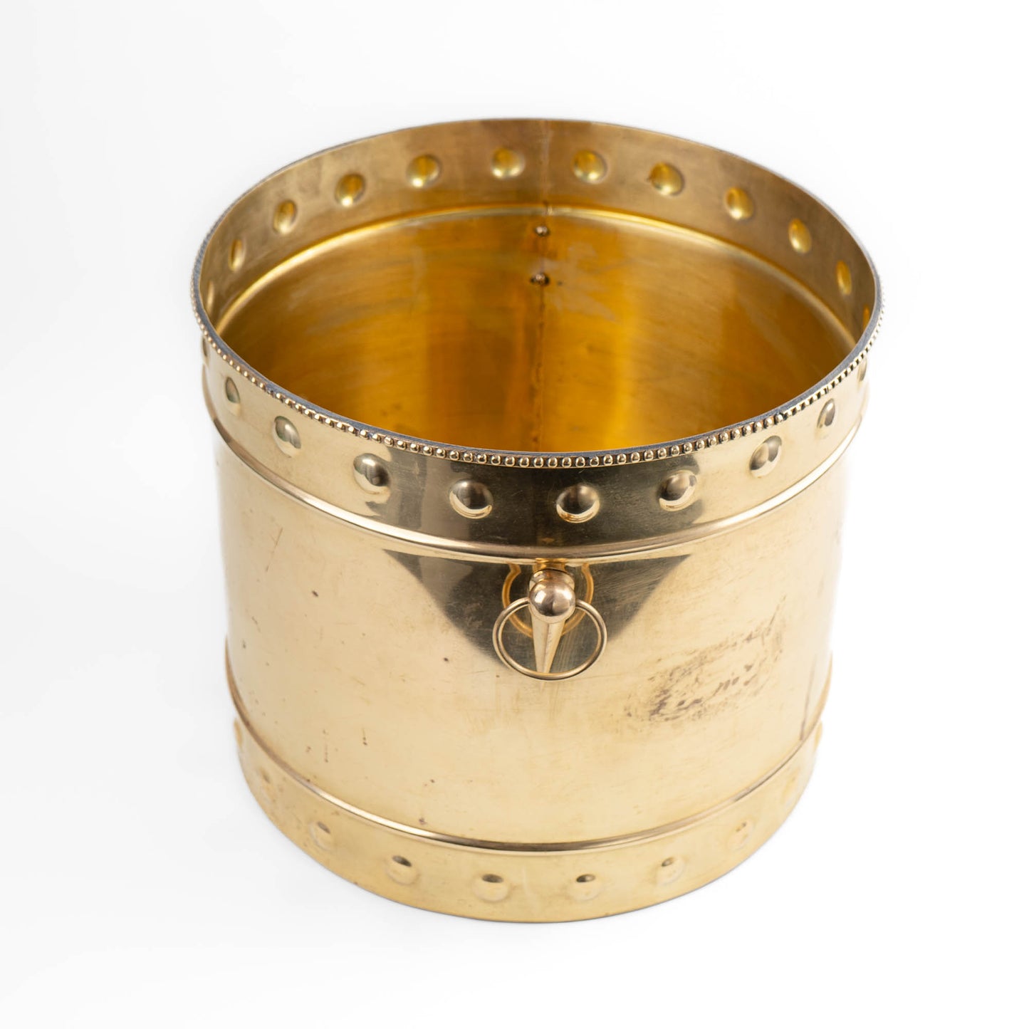 Vintage brass planter with braided rim, geometric handles and original patina 