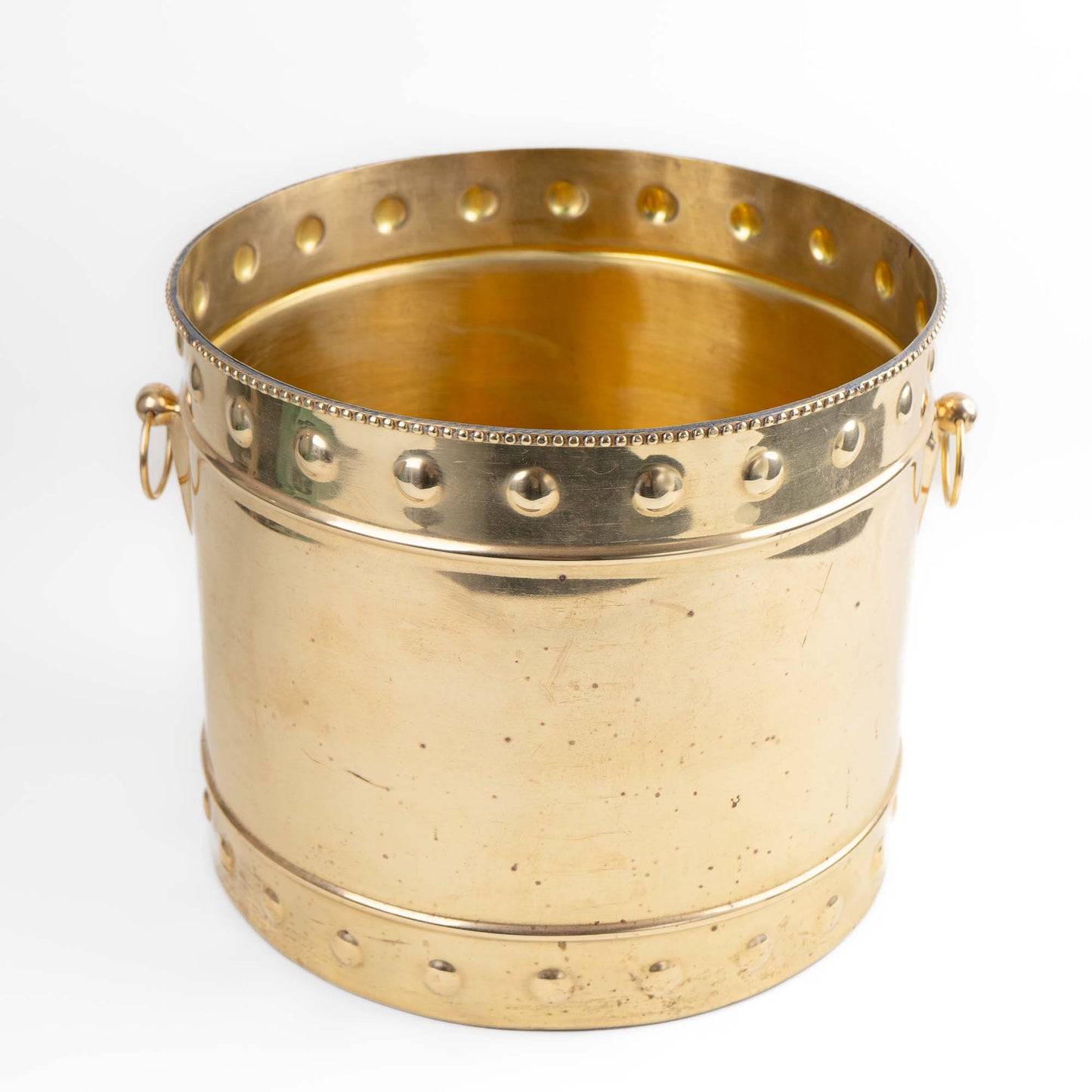 Vintage brass planter with braided rim, geometric handles and original patina 