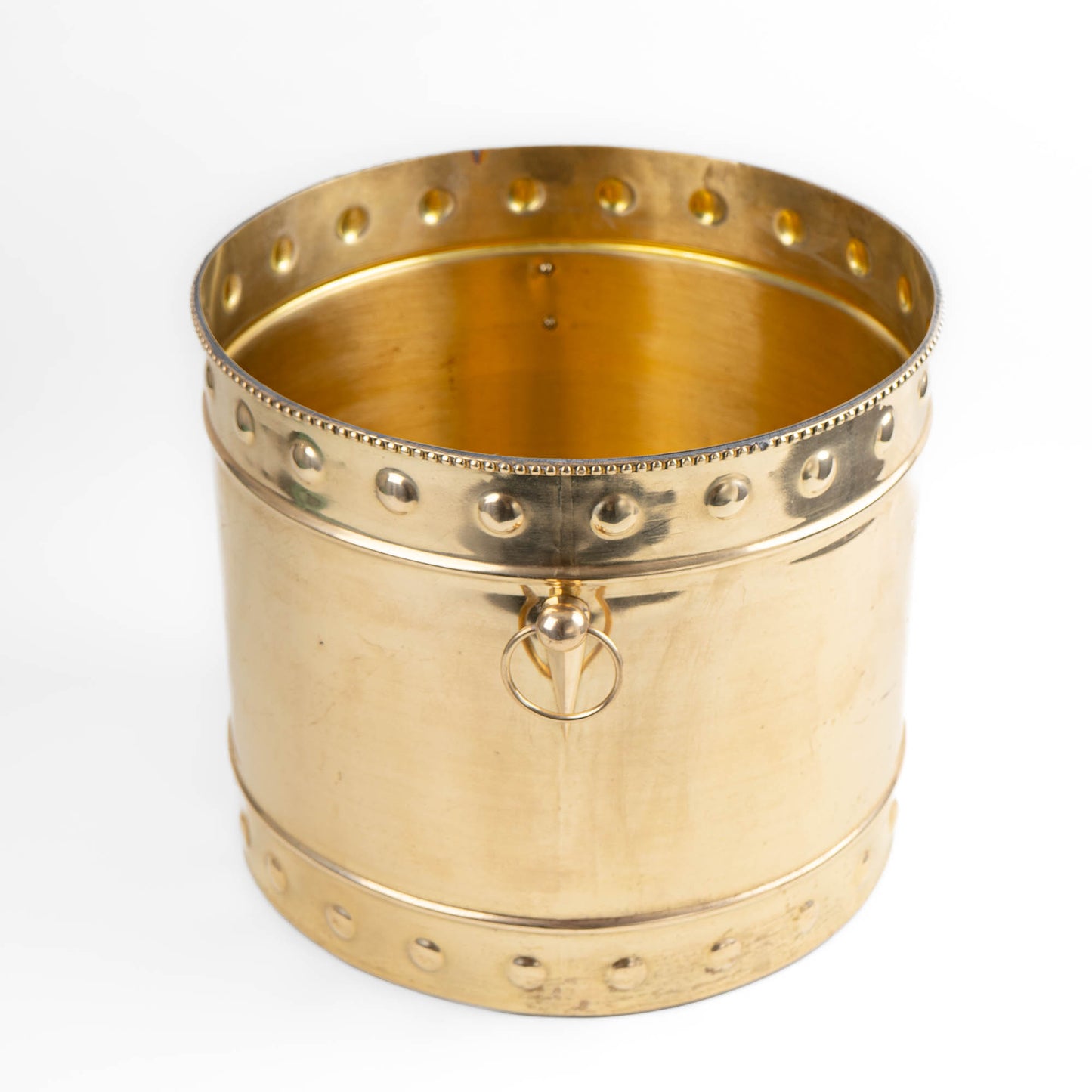 Vintage brass planter with braided rim, geometric handles and original patina 