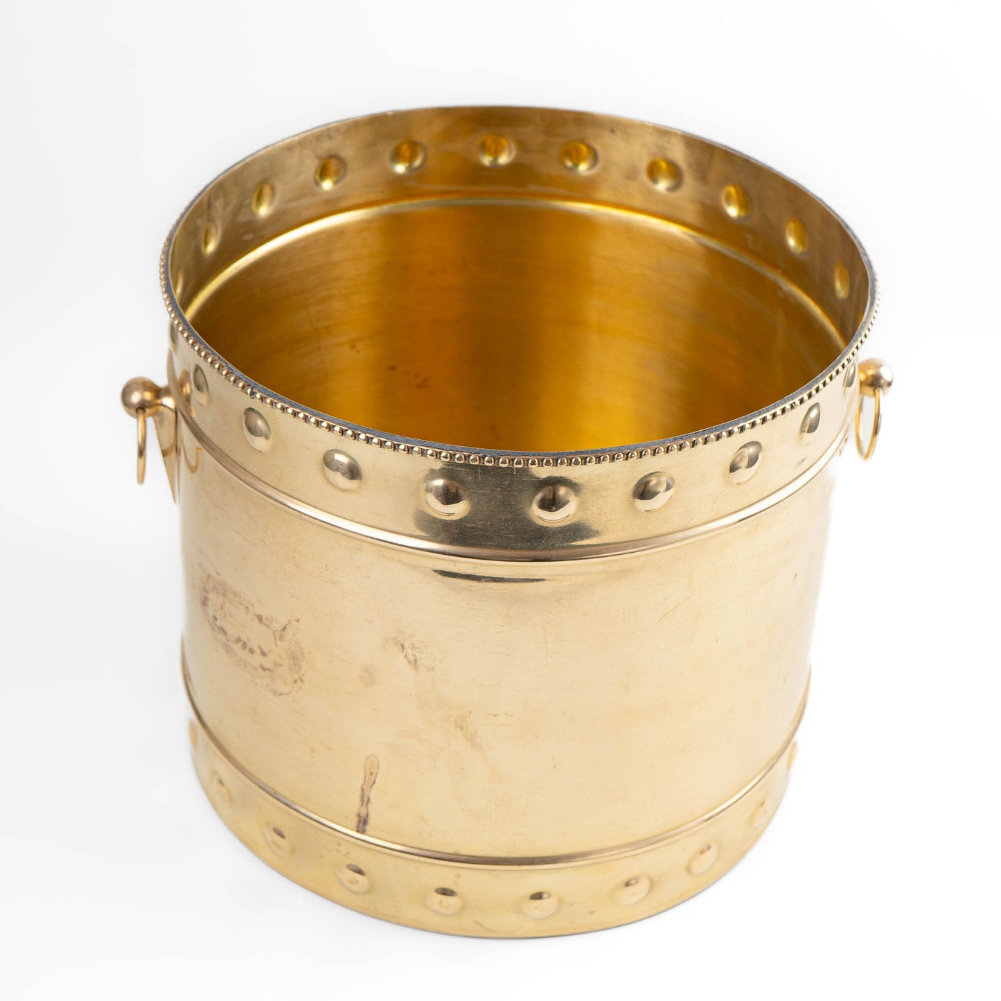 Vintage brass planter with braided rim, geometric handles and original patina 