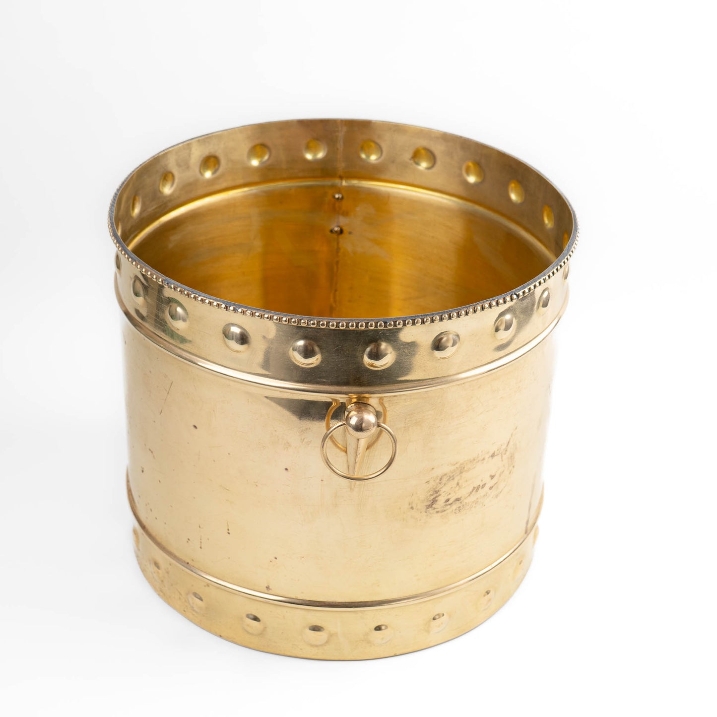 Vintage brass planter with braided rim, geometric handles and original patina 