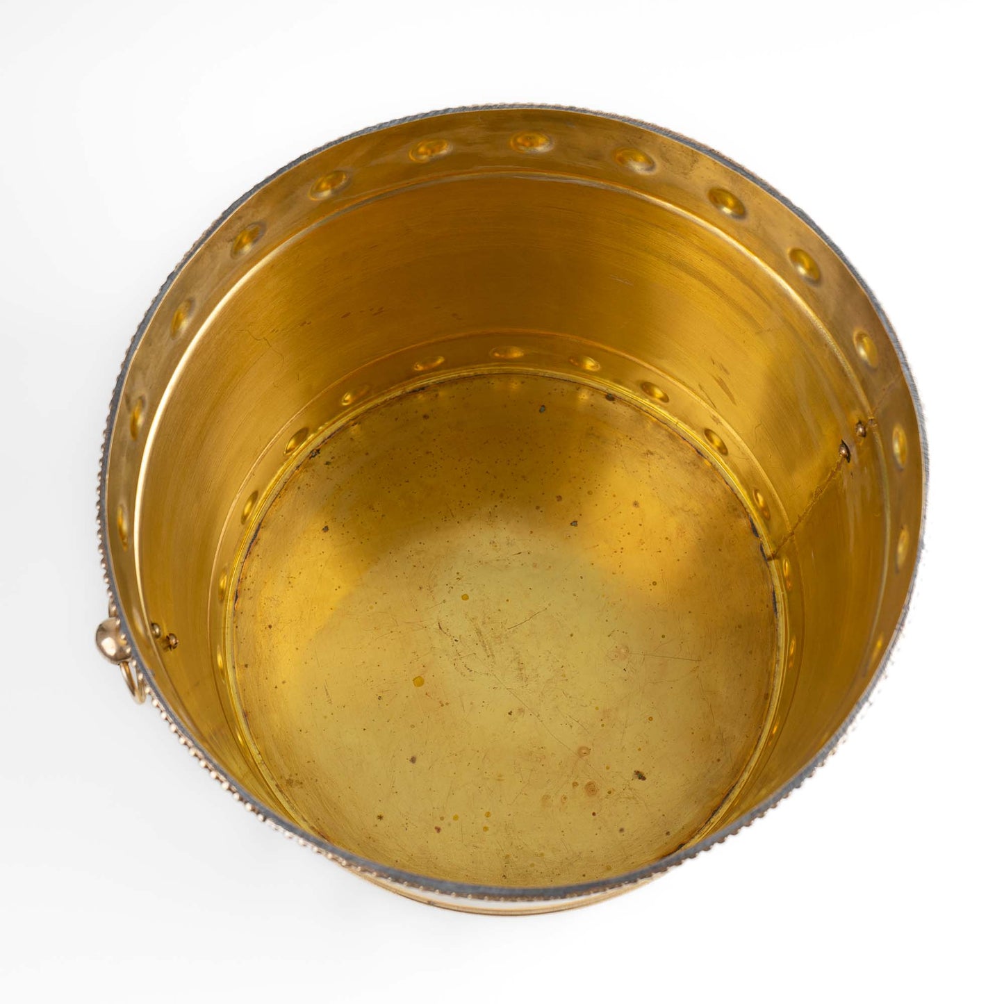 Vintage brass planter with braided rim, geometric handles and original patina 