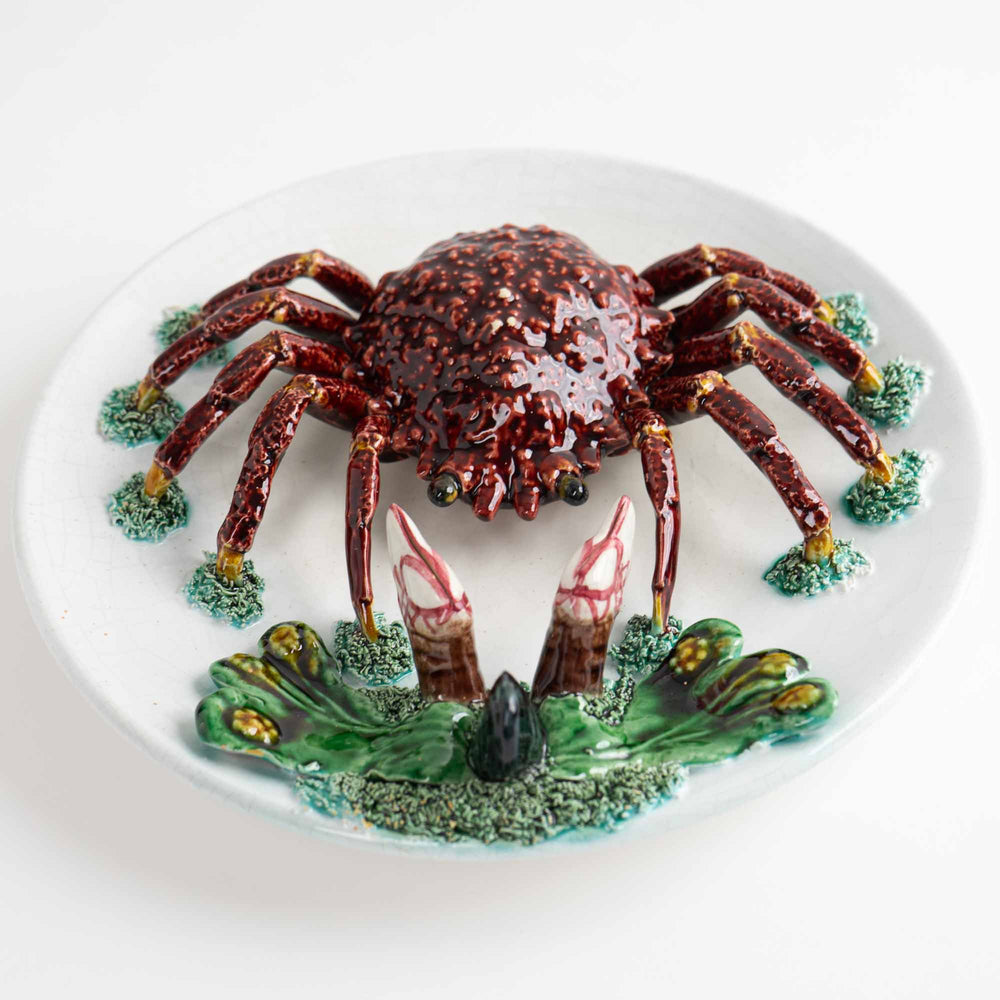 
                  
                    Vintage hand-painted majolica plate with trompe l'oeil red crab, seaweed and mussel in Palissy style
                  
                