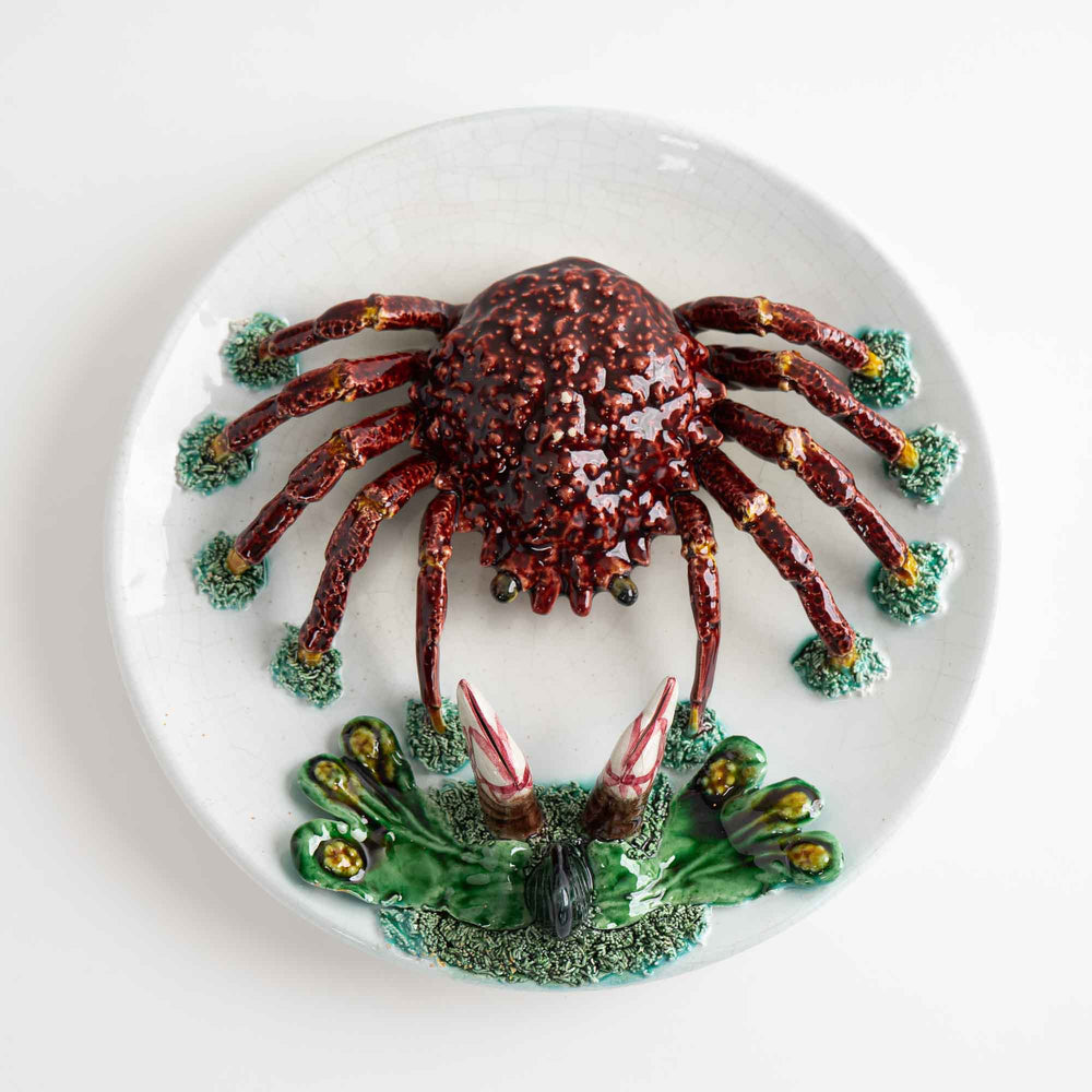 
                  
                    Vintage hand-painted majolica plate with trompe l'oeil red crab, seaweed and mussel in Palissy style
                  
                