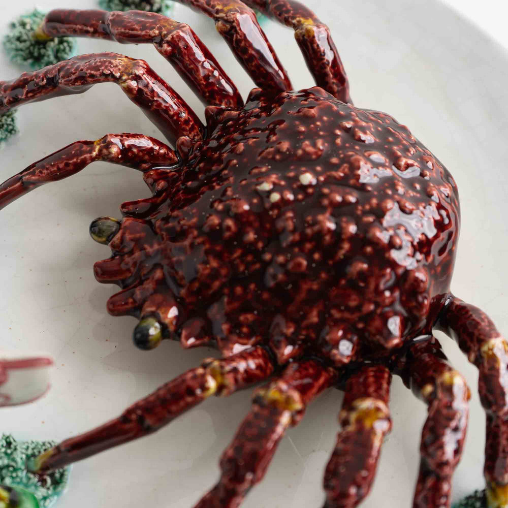 
                  
                    Vintage hand-painted majolica plate with trompe l'oeil red crab, seaweed and mussel in Palissy style
                  
                