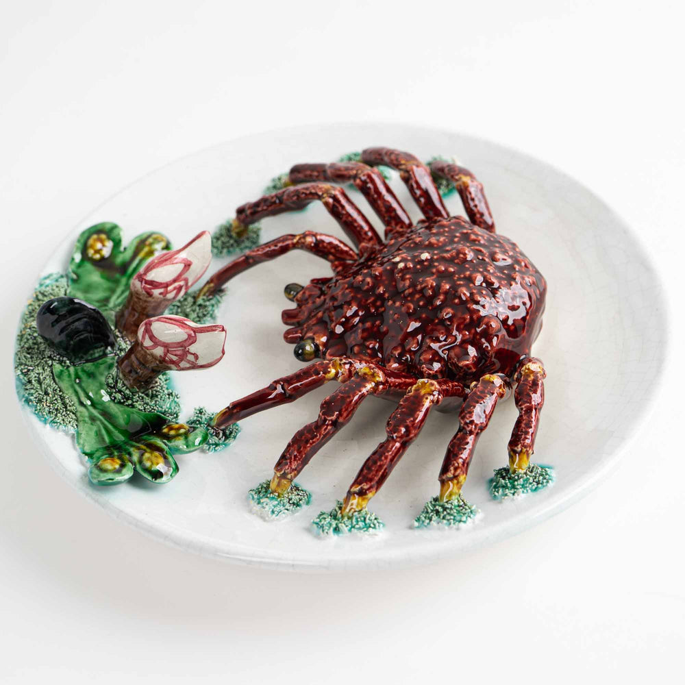 
                  
                    Vintage hand-painted majolica plate with trompe l'oeil red crab, seaweed and mussel in Palissy style
                  
                