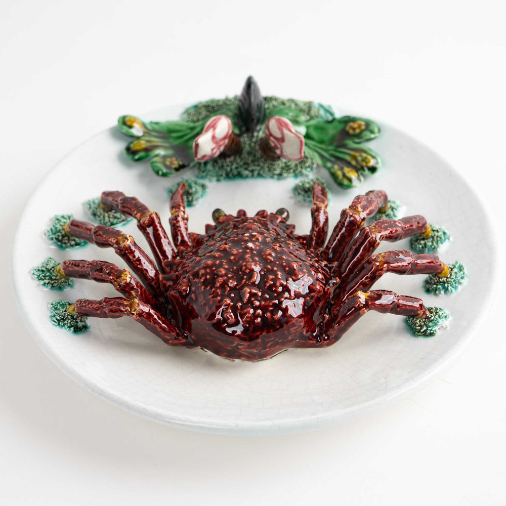 
                  
                    Vintage hand-painted majolica plate with trompe l'oeil red crab, seaweed and mussel in Palissy style
                  
                