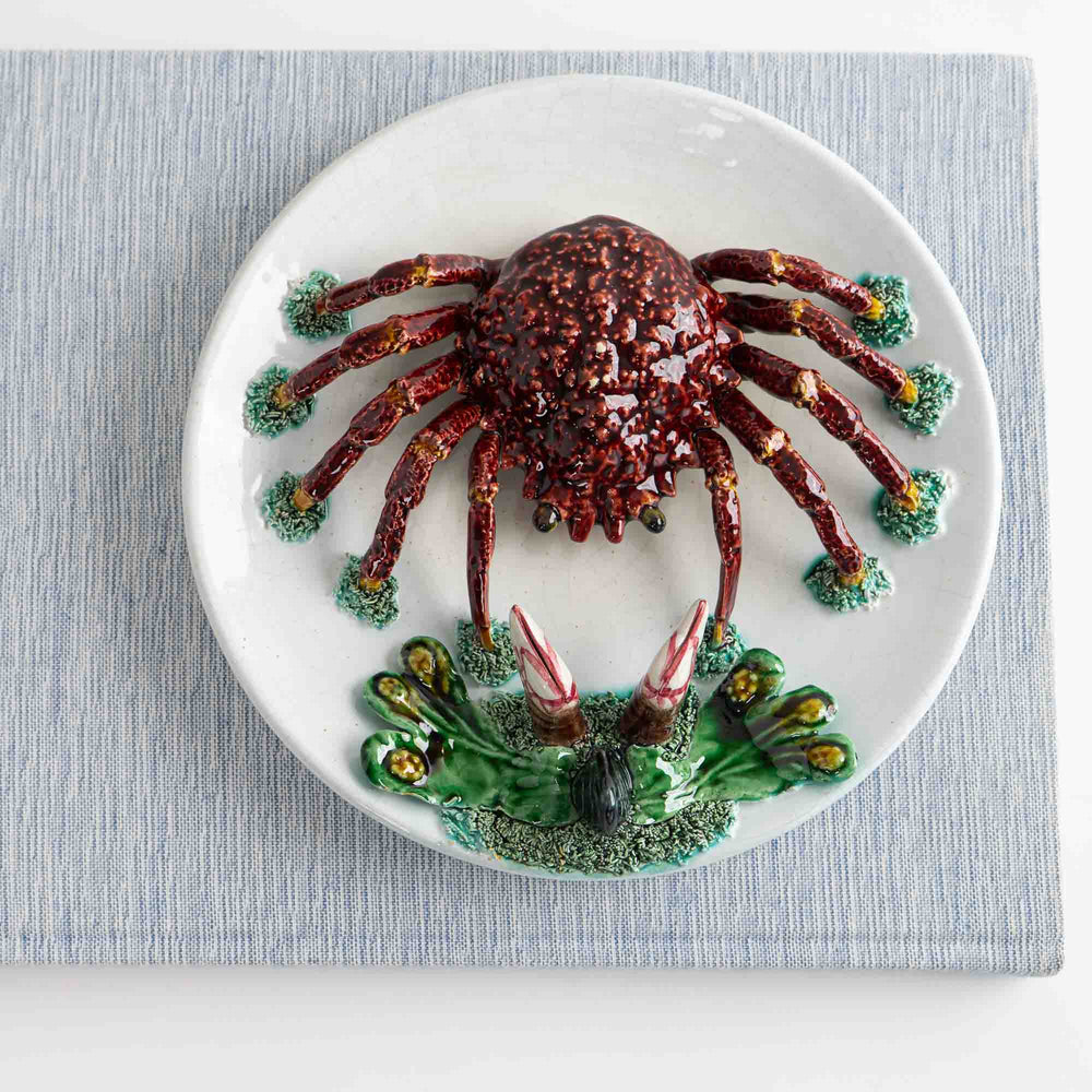 
                  
                    Vintage hand-painted majolica plate with trompe l'oeil red crab, seaweed and mussel in Palissy style
                  
                