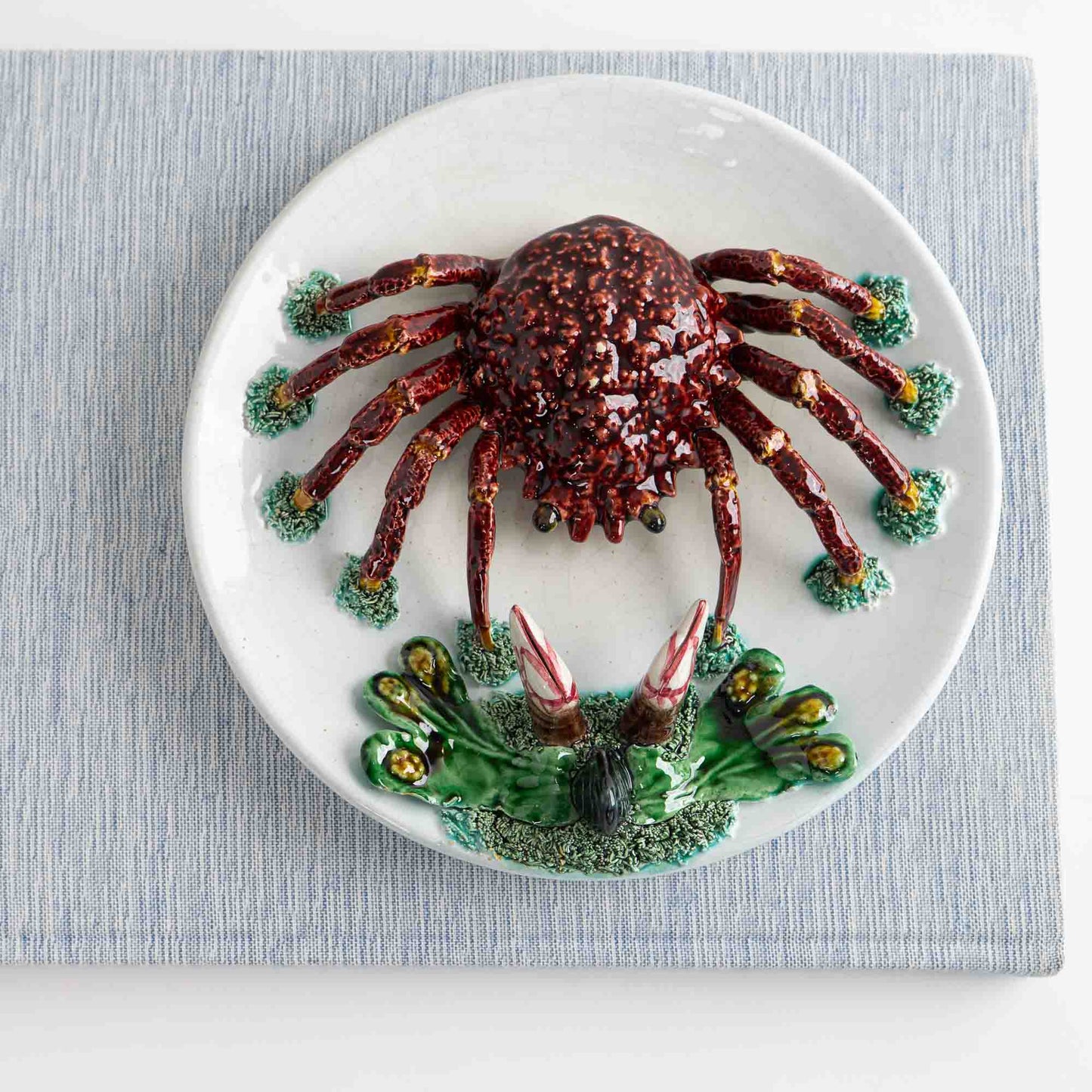 Vintage hand-painted majolica plate with trompe l'oeil red crab, seaweed and mussel in Palissy style