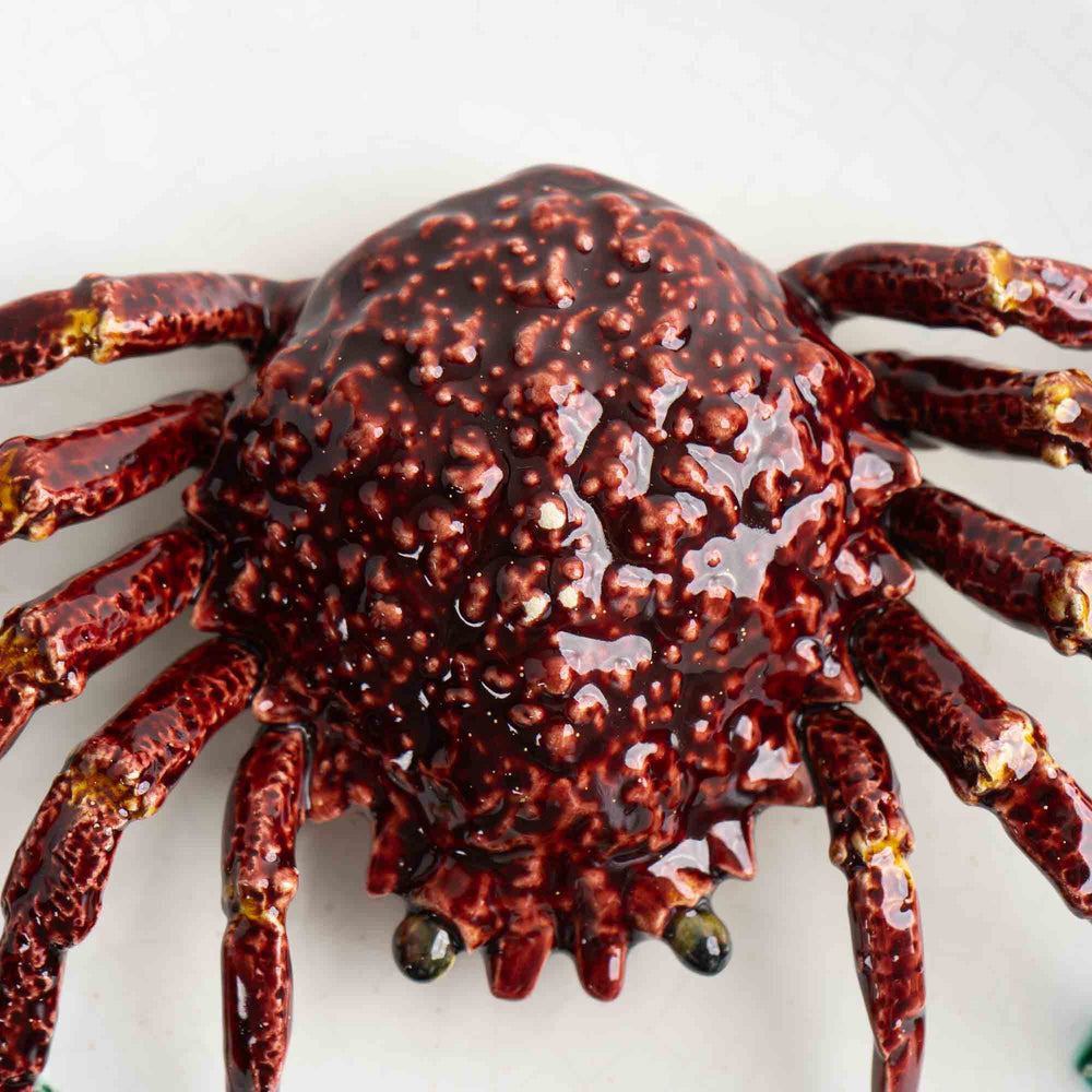 
                  
                    Vintage hand-painted majolica plate with trompe l'oeil red crab, seaweed and mussel in Palissy style
                  
                