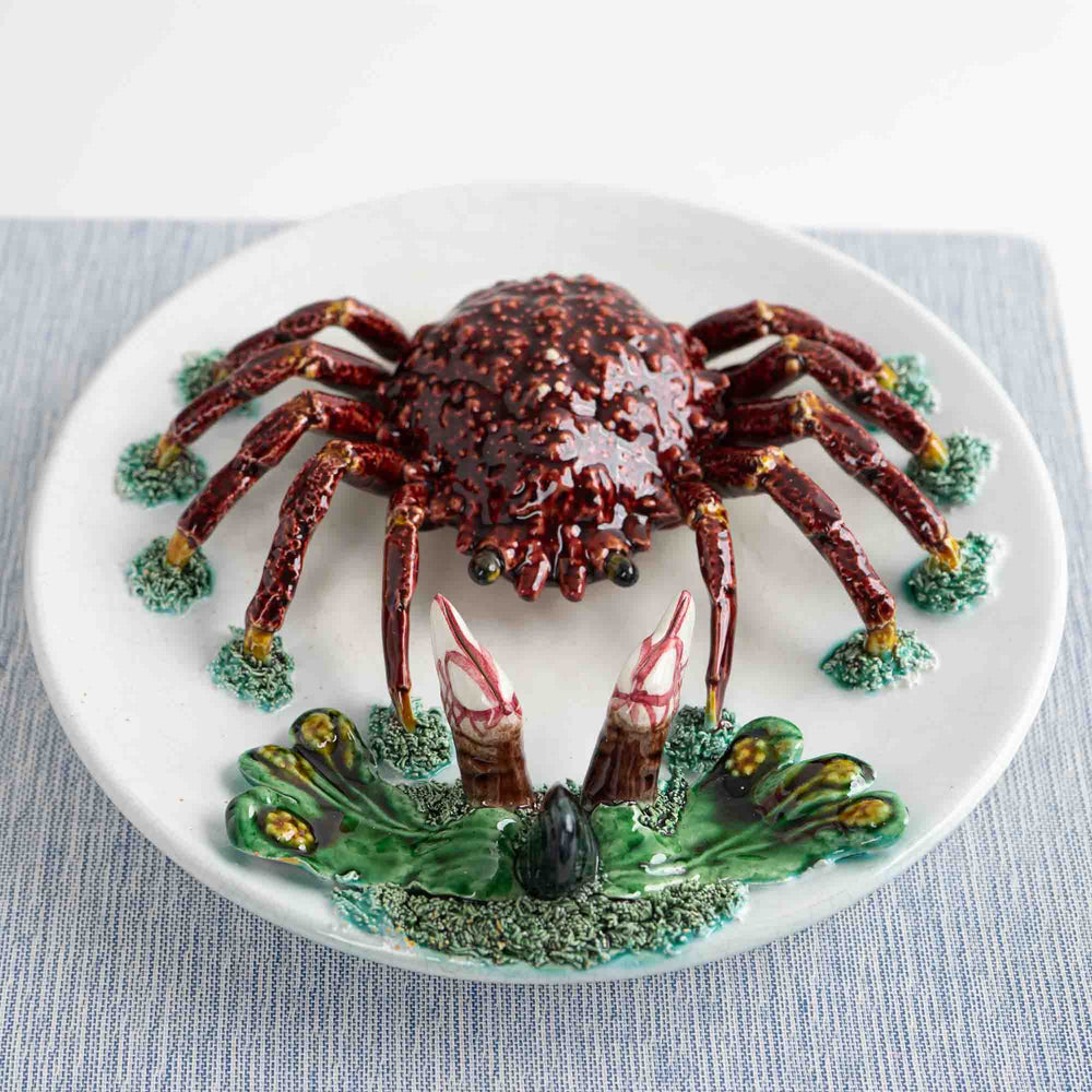 
                  
                    Vintage hand-painted majolica plate with trompe l'oeil red crab, seaweed and mussel in Palissy style
                  
                