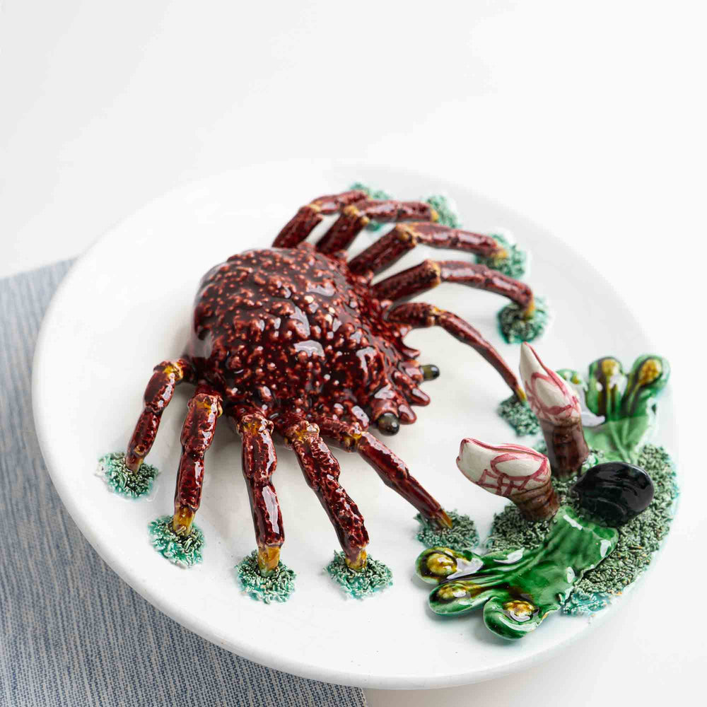 
                  
                    Vintage hand-painted majolica plate with trompe l'oeil red crab, seaweed and mussel in Palissy style
                  
                