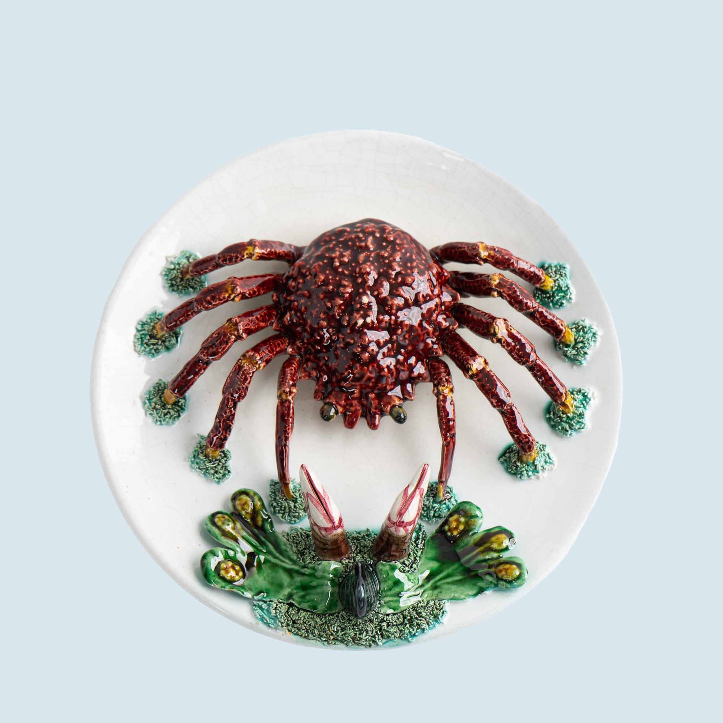 Vintage hand-painted majolica plate with trompe l'oeil red crab, seaweed and mussel in Palissy style