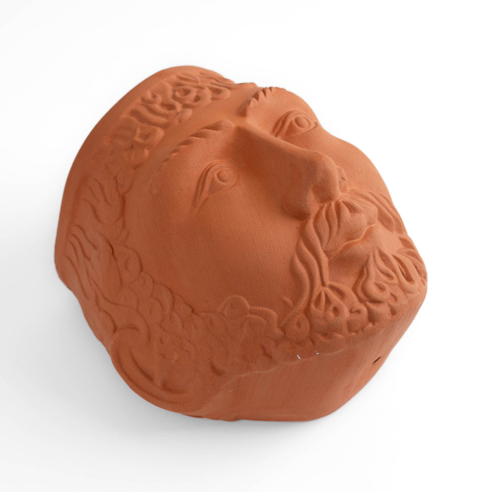 
                  
                    Pair of vintage Rookes Pottery terracotta wall planters featuring mythological god and goddess faces, made in England
                  
                