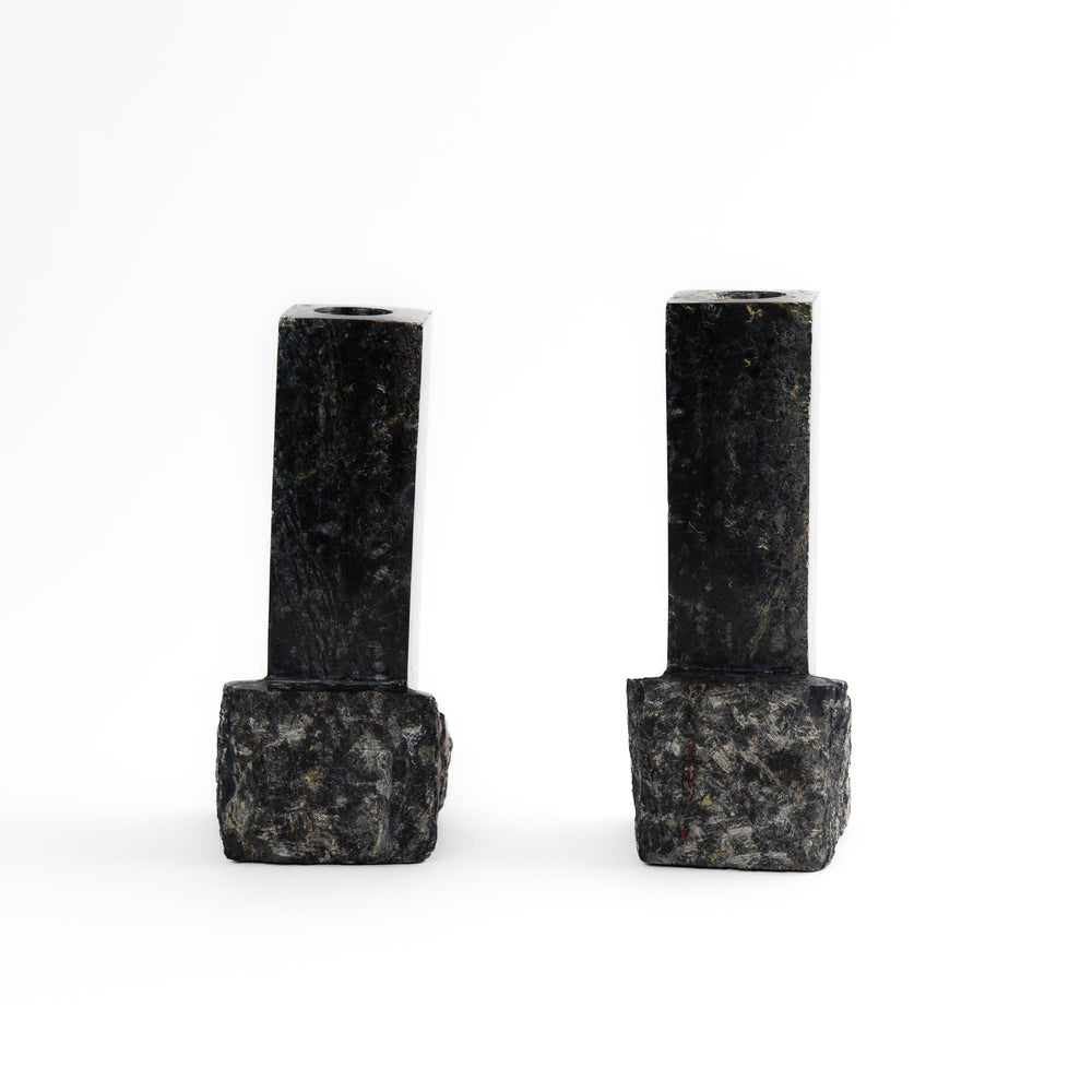 
                  
                    Pair of vintage green and black marble sculptural candleholders
                  
                