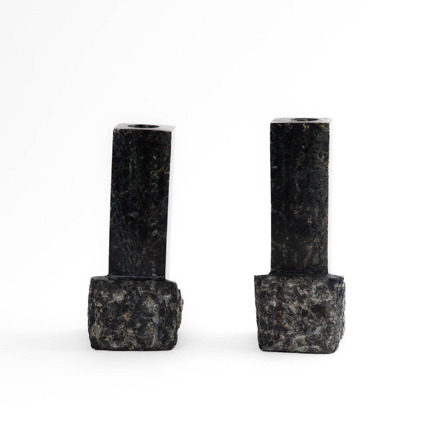 Pair of vintage green and black marble sculptural candleholders