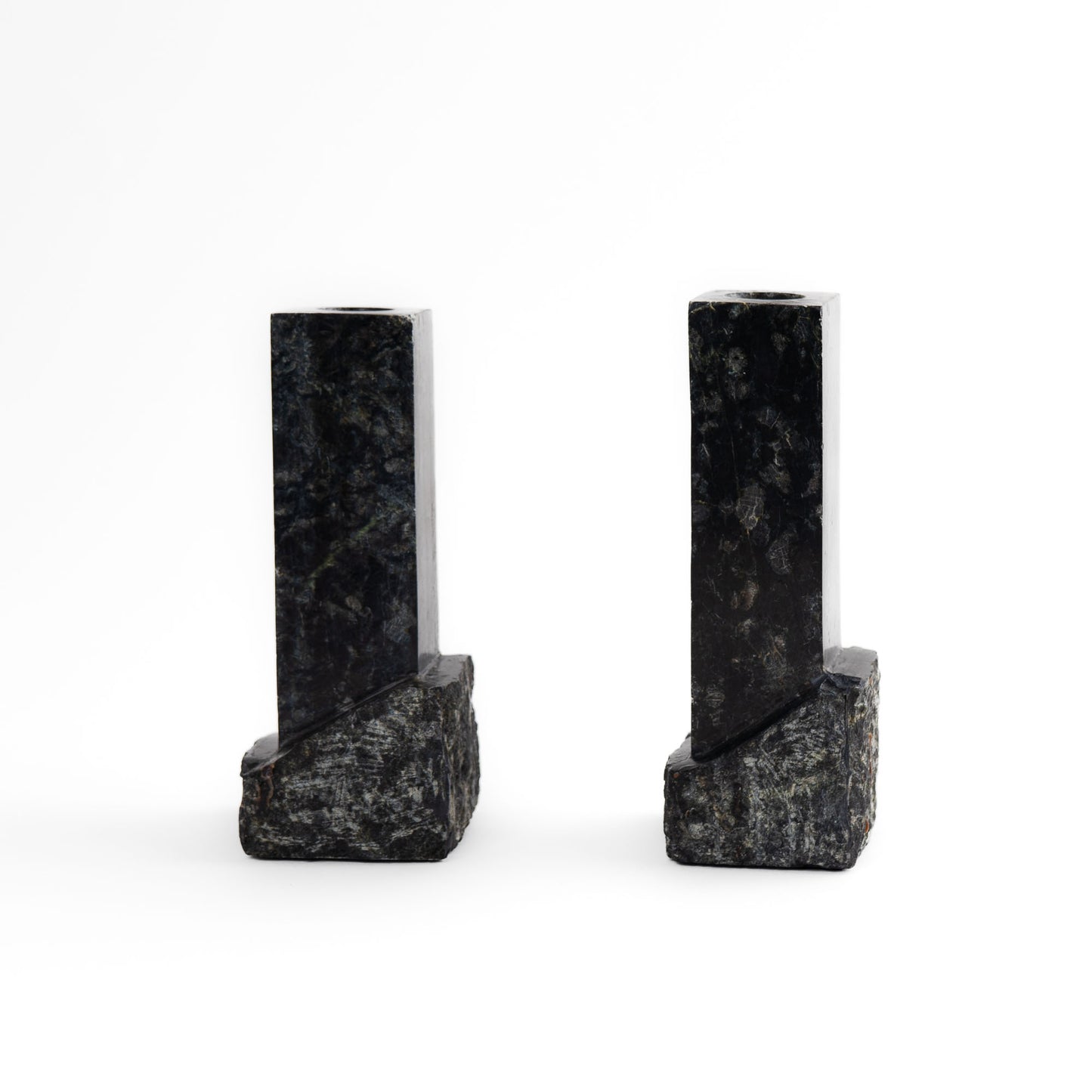 Pair of vintage green and black marble sculptural candleholders