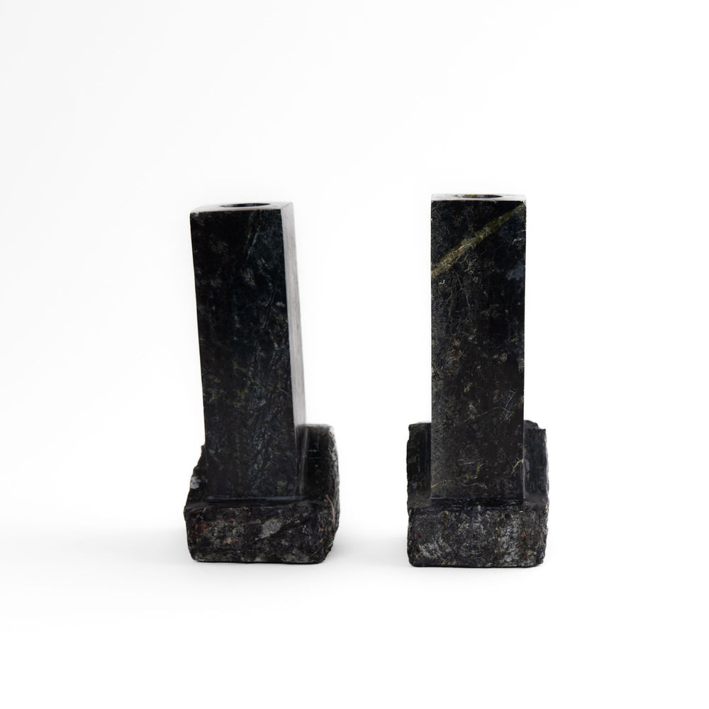 
                  
                    Pair of vintage green and black marble sculptural candleholders
                  
                