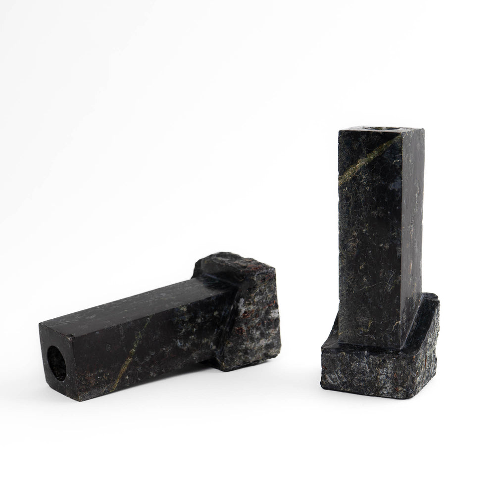 
                  
                    Pair of vintage green and black marble sculptural candleholders
                  
                