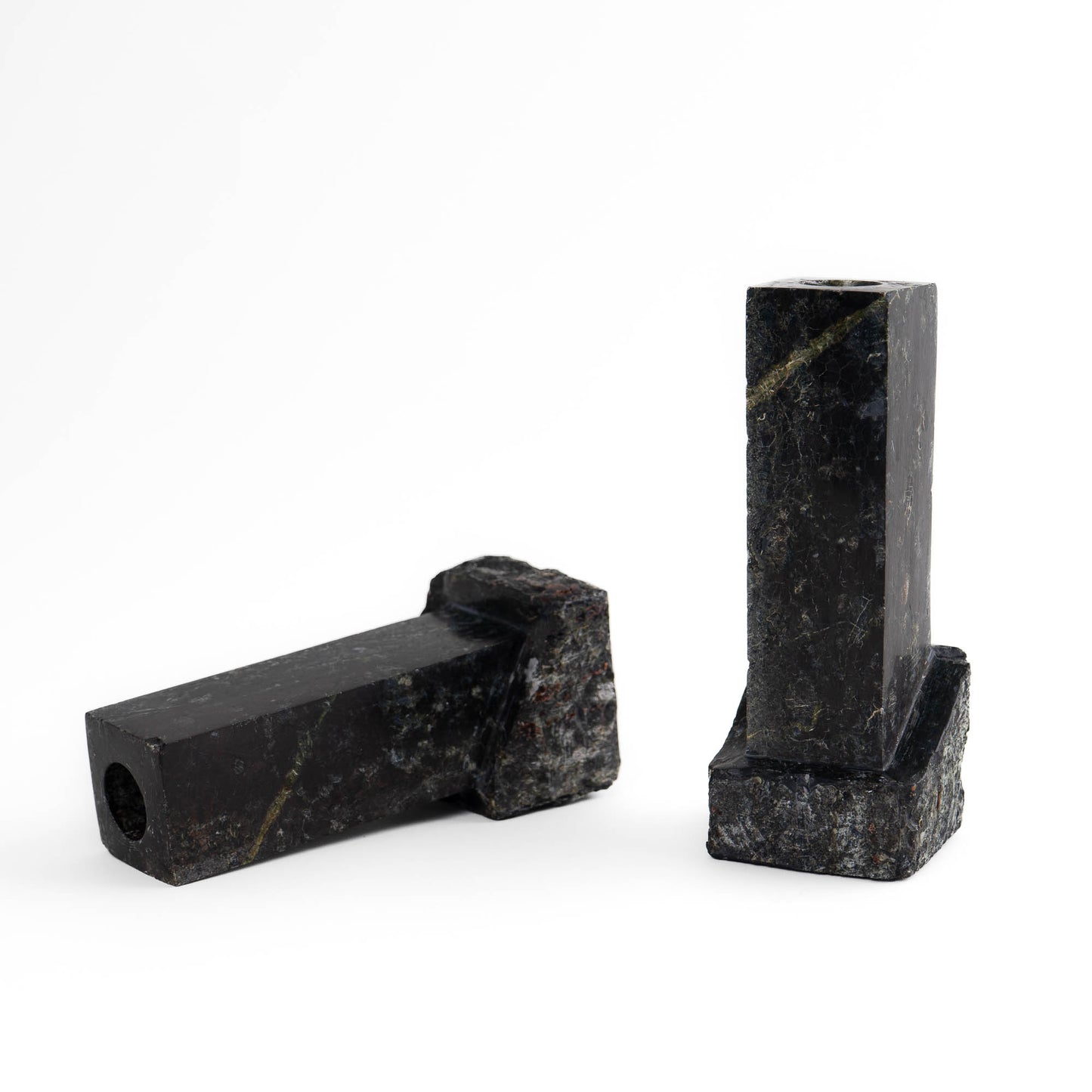 Pair of vintage green and black marble sculptural candleholders
