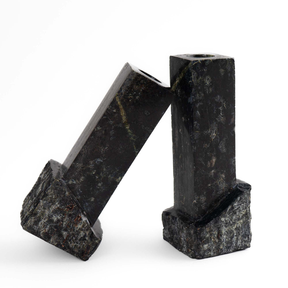 
                  
                    Pair of vintage green and black marble sculptural candleholders
                  
                