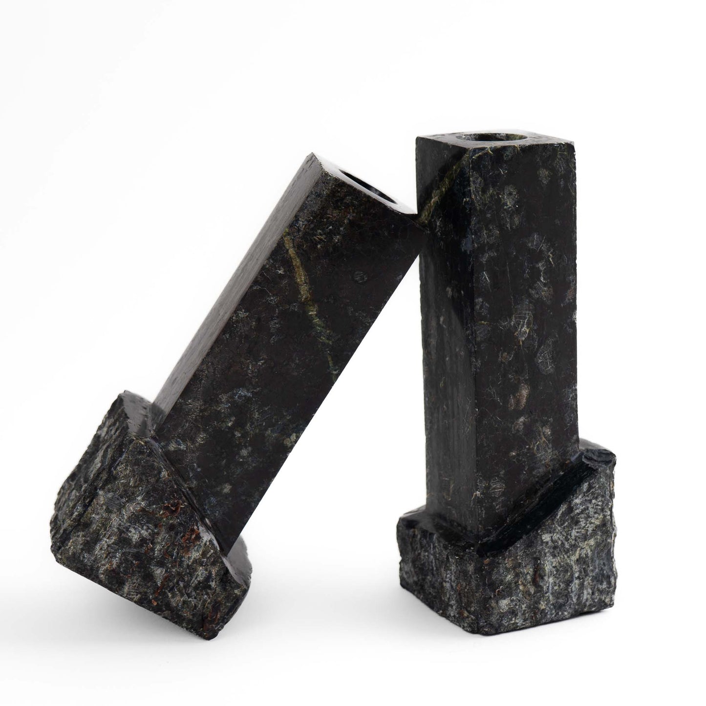 Pair of vintage green and black marble sculptural candleholders