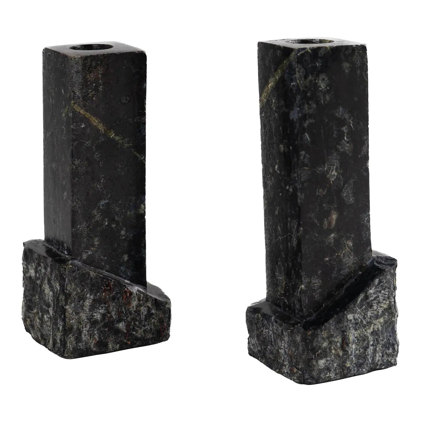 Pair of vintage green and black marble sculptural candleholders
