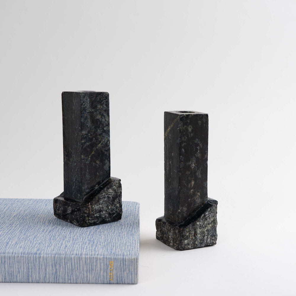
                  
                    Pair of vintage green and black marble sculptural candleholders
                  
                